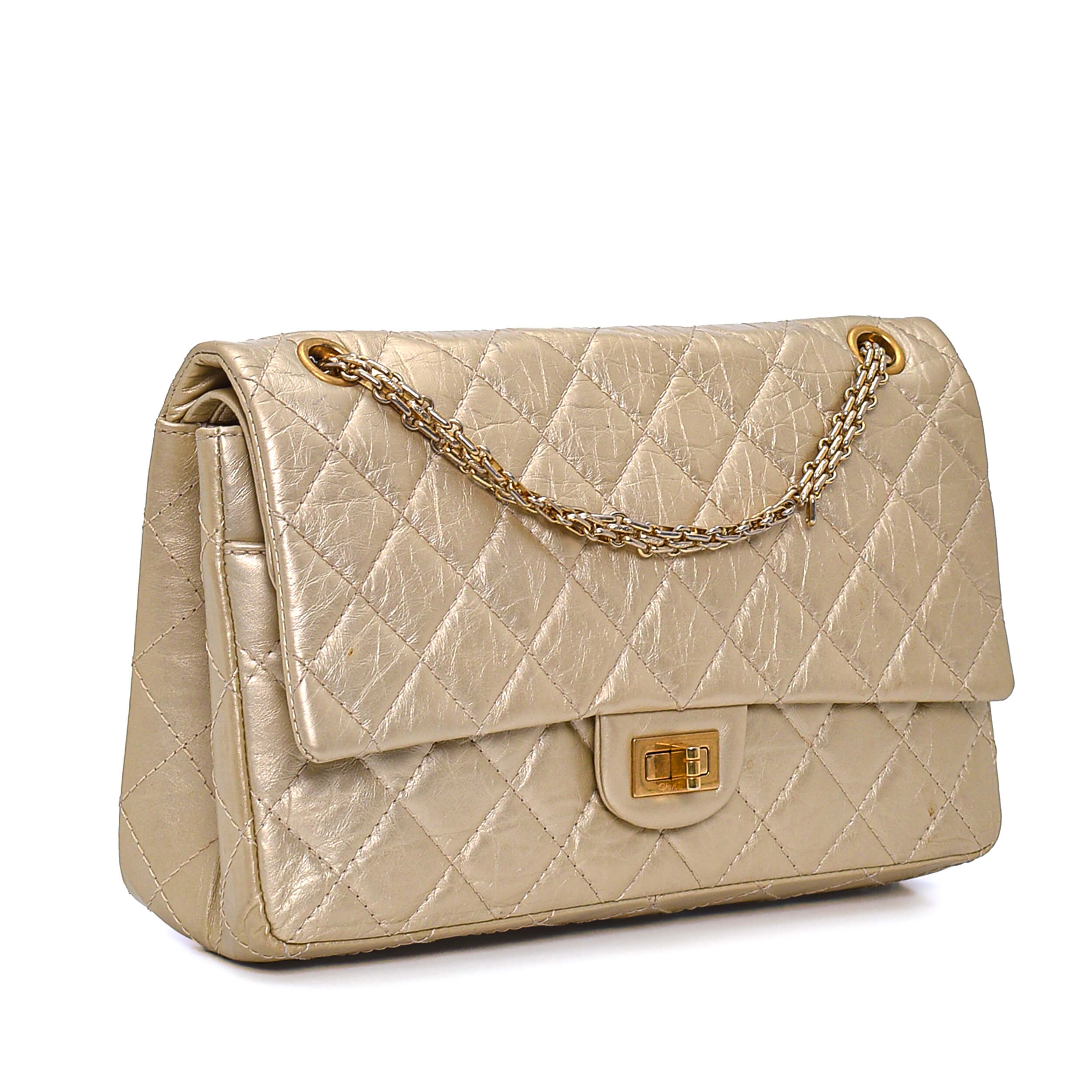 Chanel - Gold Quilted Distressed Leather 2.55 Reissue Double Flap Bag 